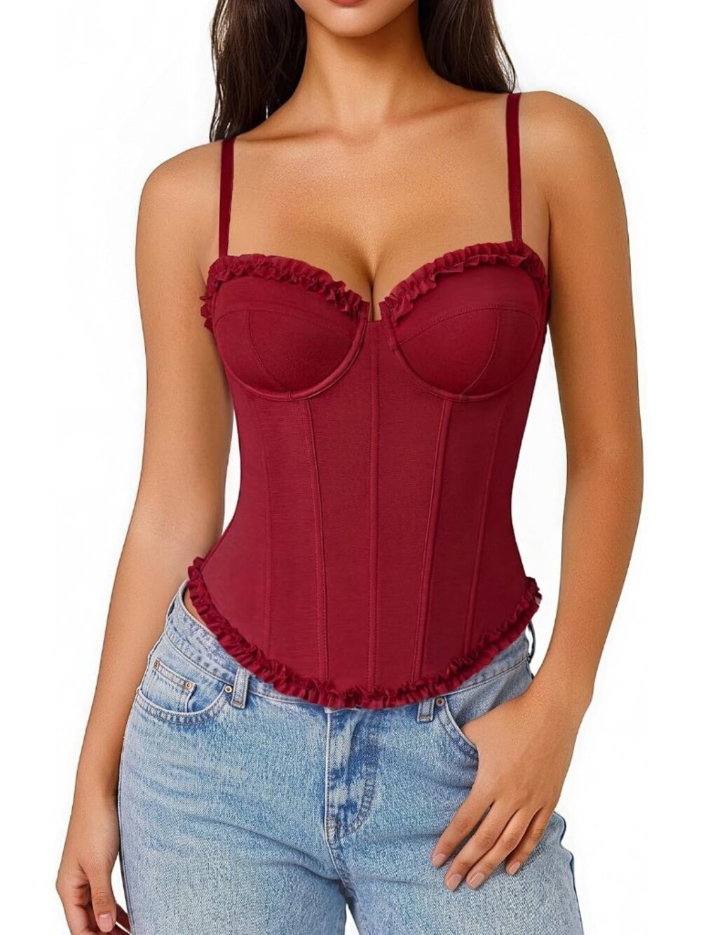 Women's Wine Rows Hooks Adjustable Straps V Neck Bustier Underwire Corset Top